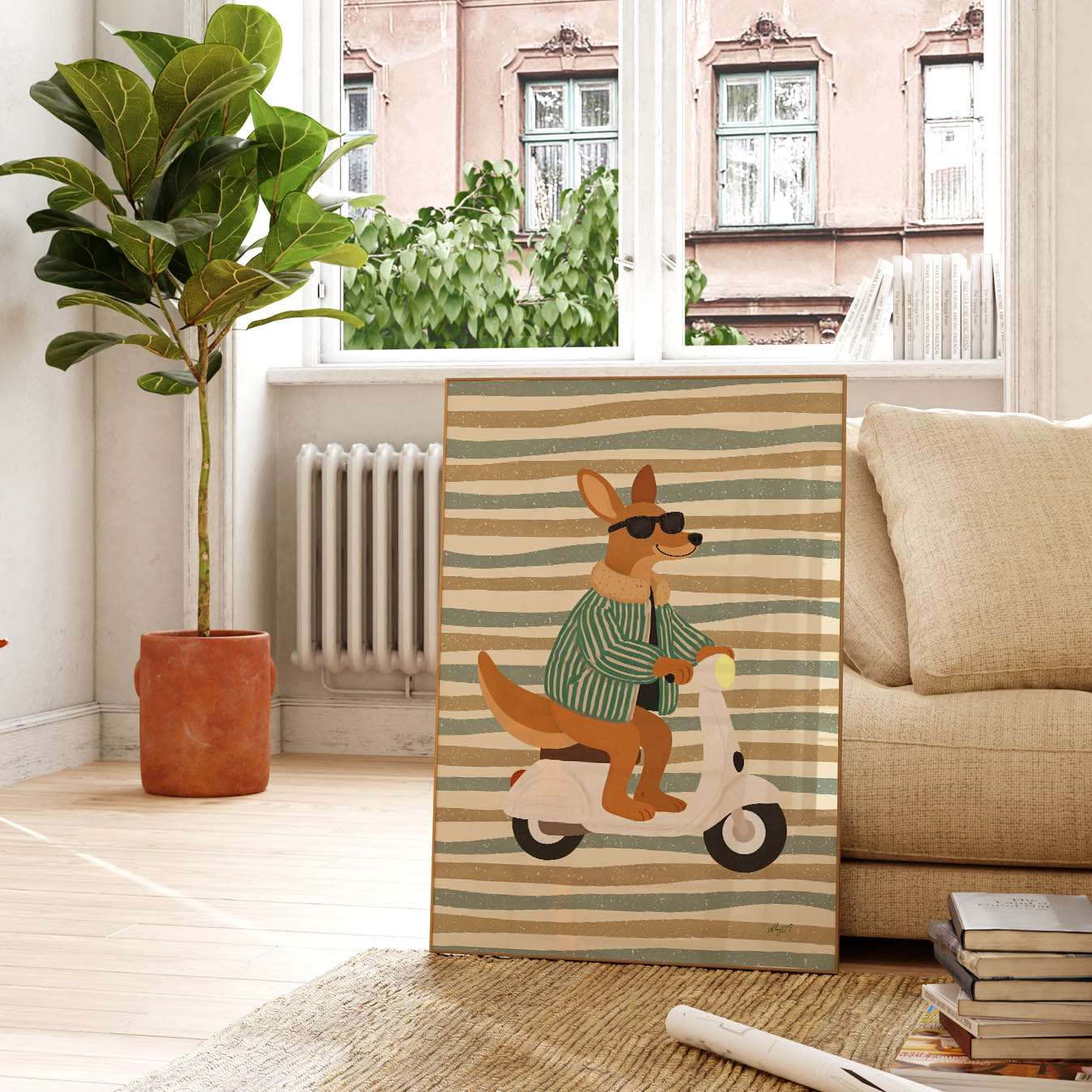 Hand-drawn kangaroo wearing sunglasses and a striped jacket while riding a vintage scooter, whimsical adventure-themed wall art for nurseries, bedrooms, and playrooms.