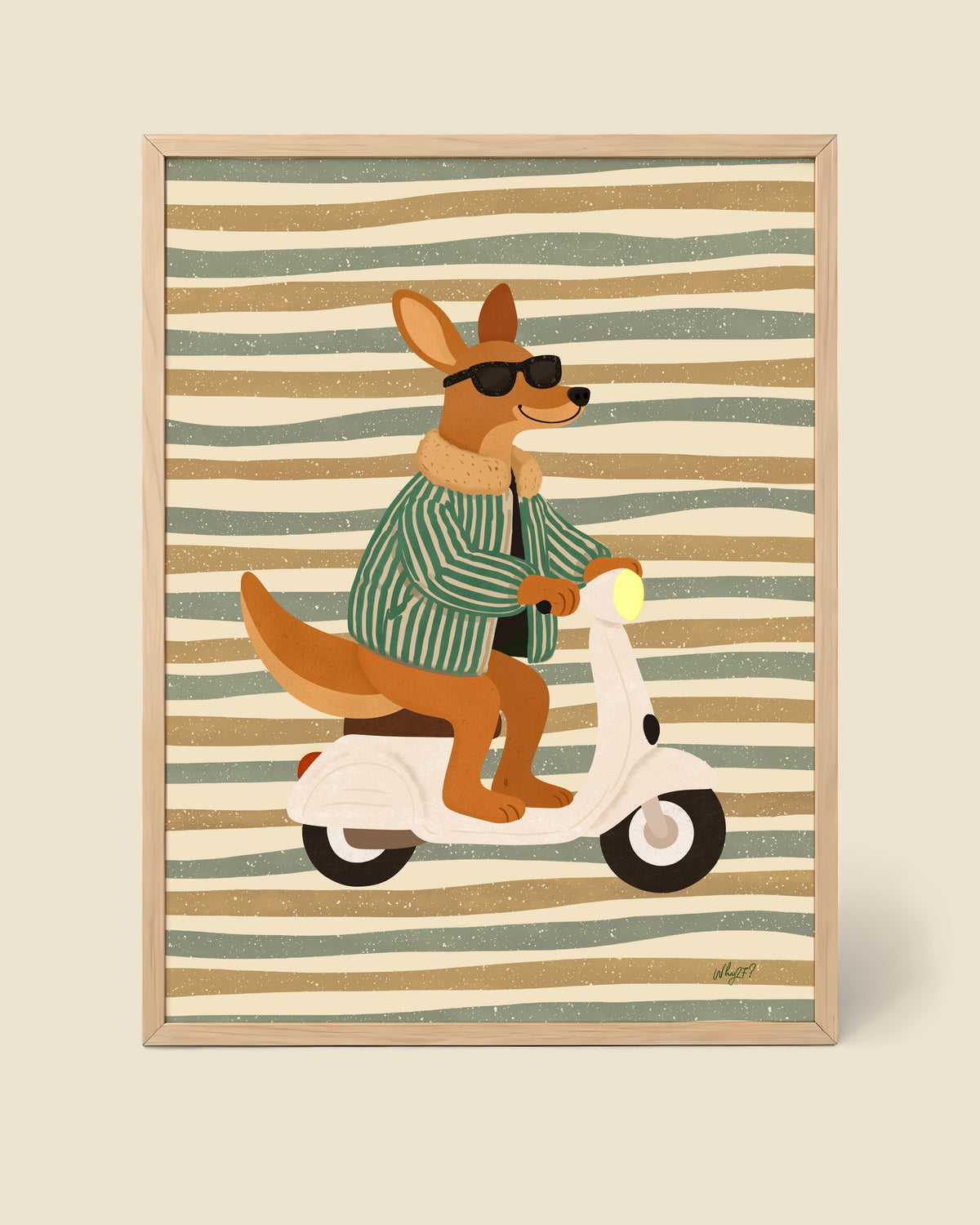 Cool Kangaroo Scooter Poster framed in a natural wood frame