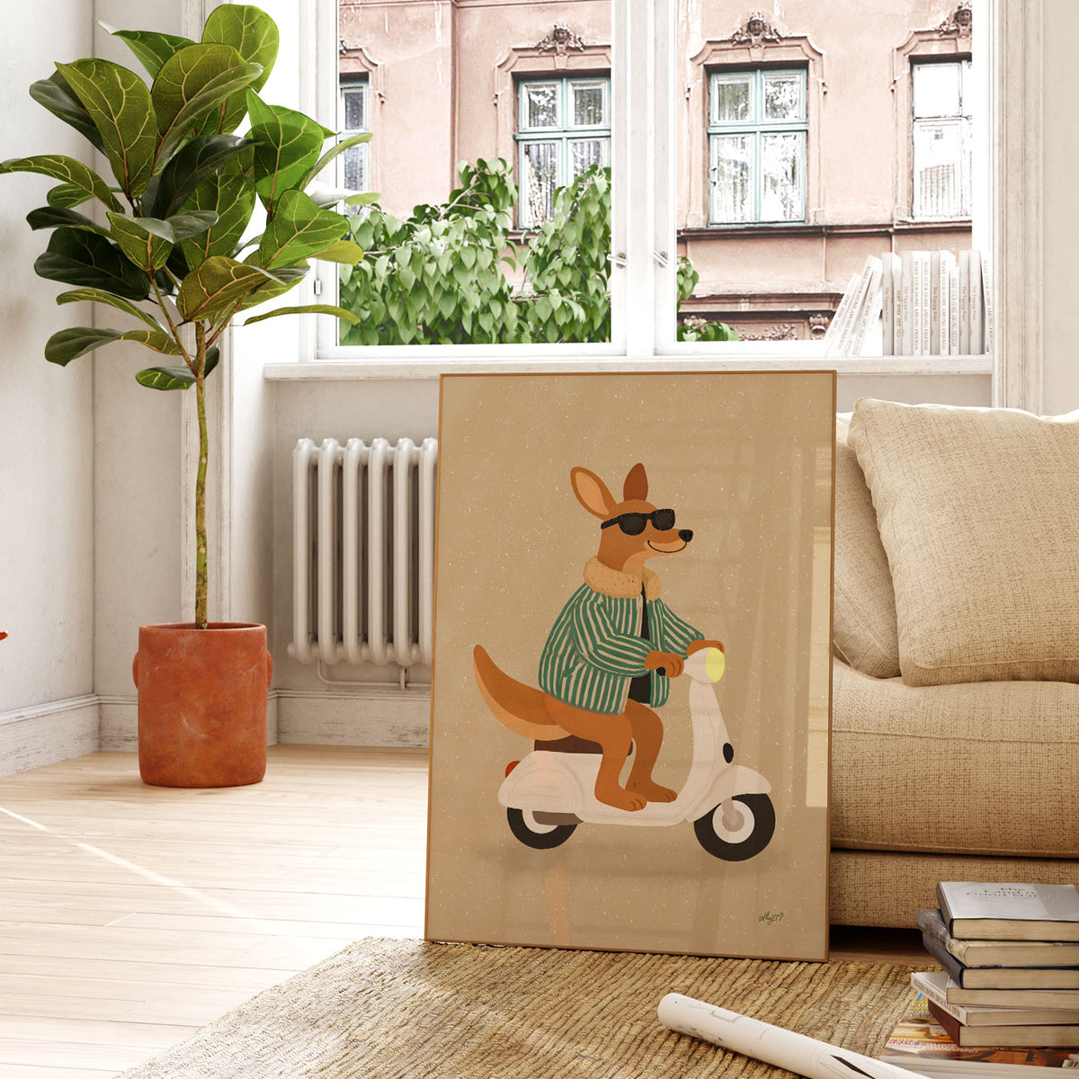 Playful kangaroo riding a white scooter in sunglasses and a green striped sweater on a beige background.