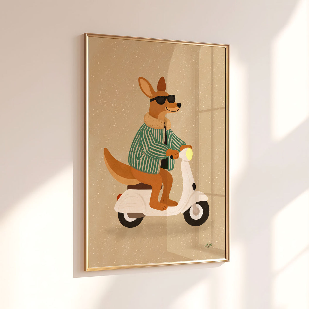 Kangaroo on scooter kids wall art featuring a cool brown kangaroo cruising on a vintage-style white scooter.