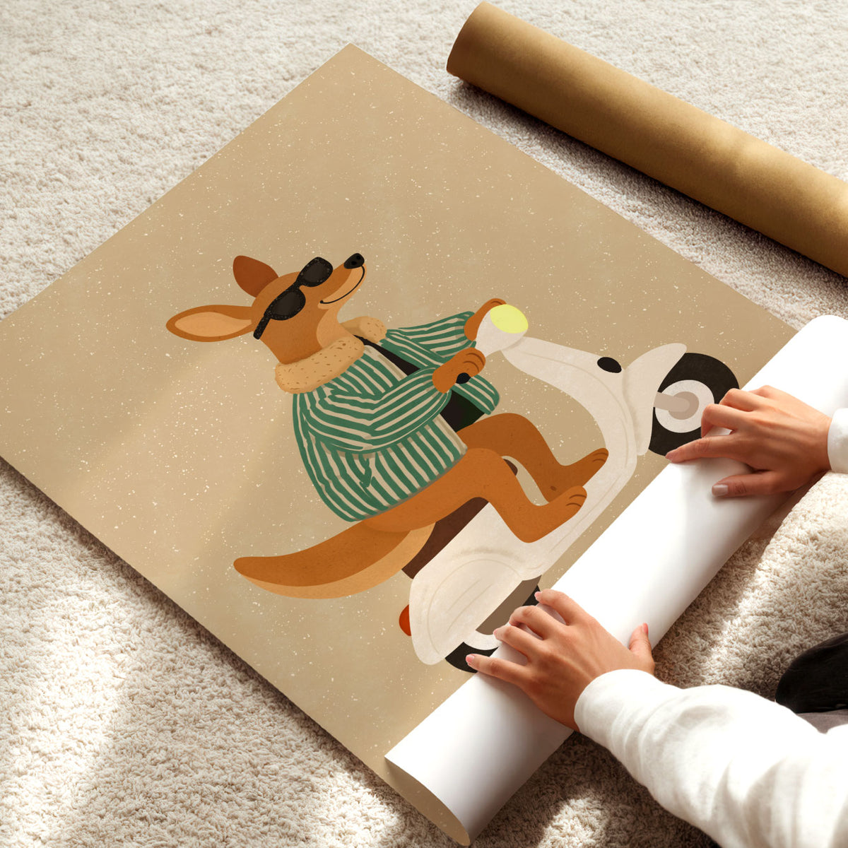 Cool kangaroo illustration on a white scooter in warm brown, cream and forest green tones.