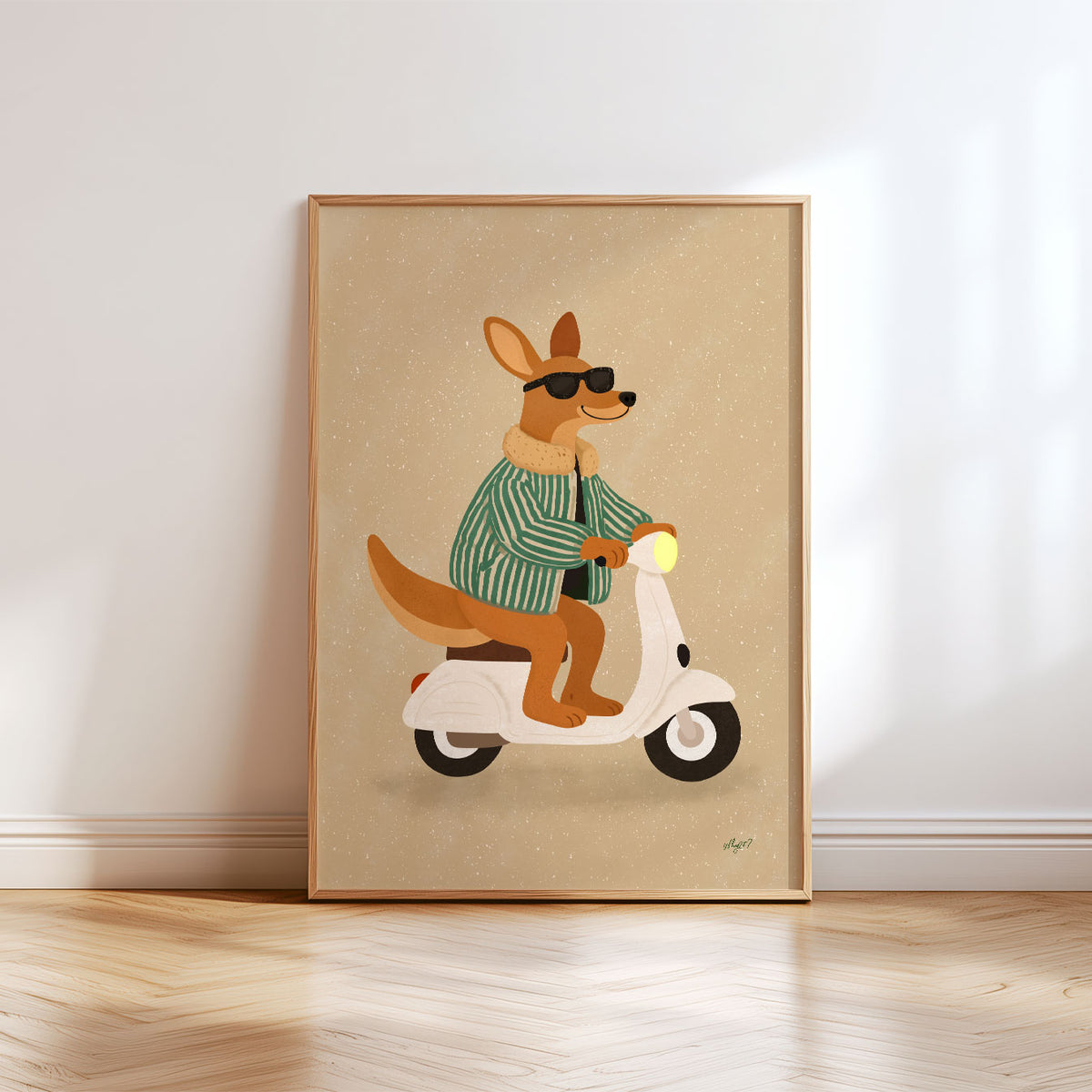 Kids scooter wall art featuring a hand-drawn kangaroo riding a retro white motor scooter.