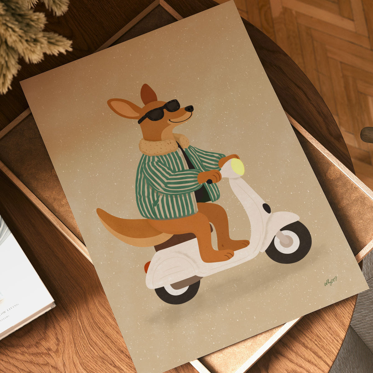 Retro kangaroo scooter poster with sunglasses and striped sweater for a kids bedroom or playroom.