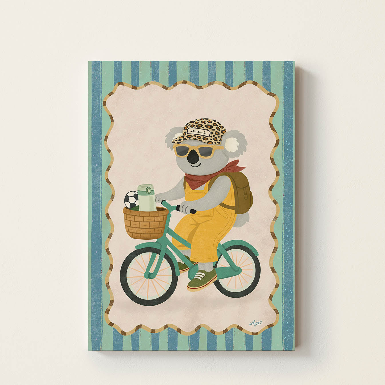 Hand-drawn koala wearing sunglasses and a backpack while riding a vintage bicycle with a picnic basket and soccer ball, whimsical adventure wall art for kids' bedrooms, nurseries, and playrooms.