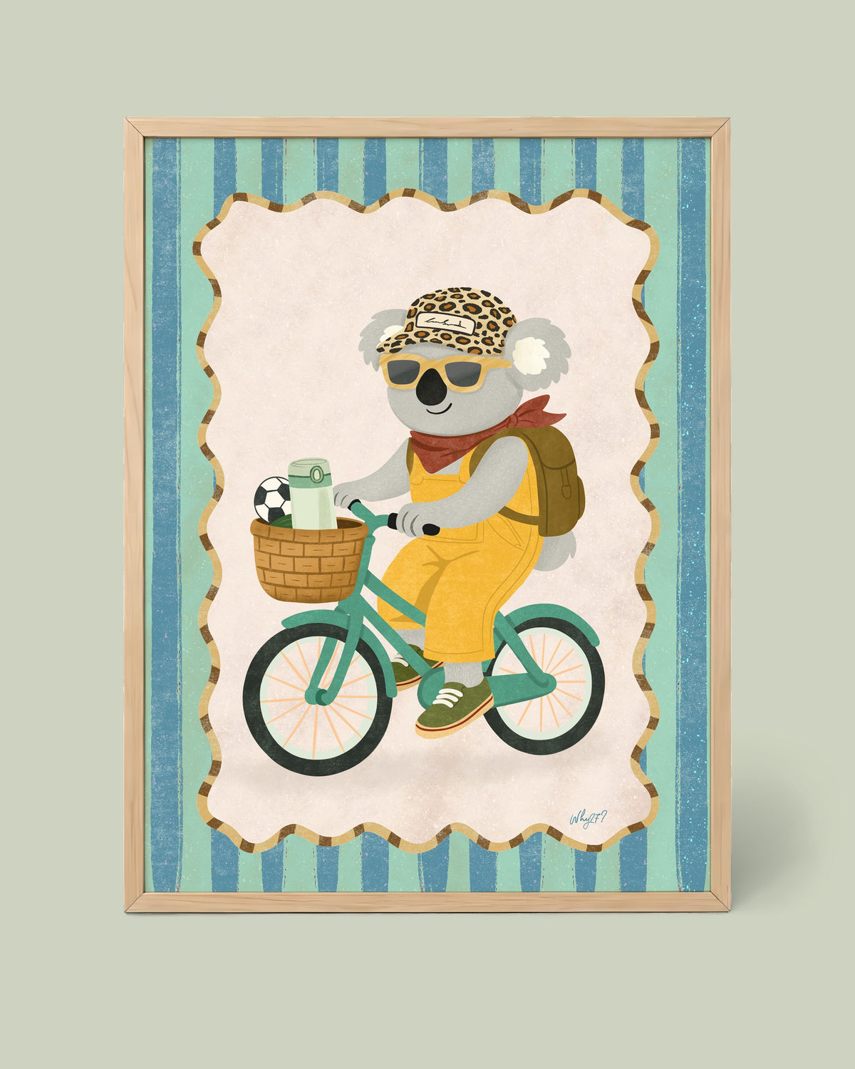 Koala Bicycle Poster framed in a natural wood frame