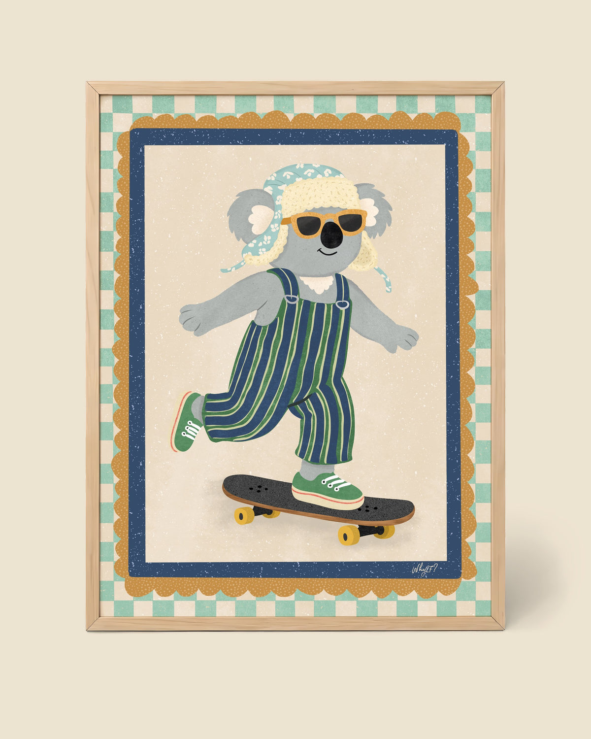 Cool Koala Skateboard Poster framed in a natural wood frame
