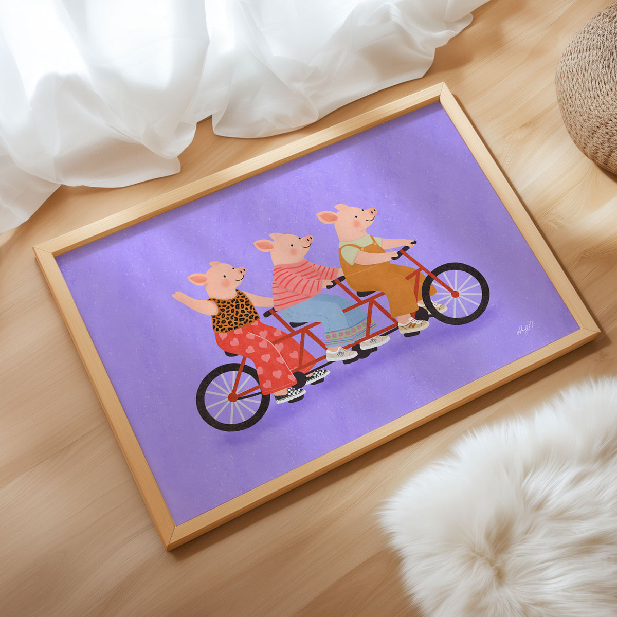 Landscape poster of three pigs riding a long red tandem bicycle on purple