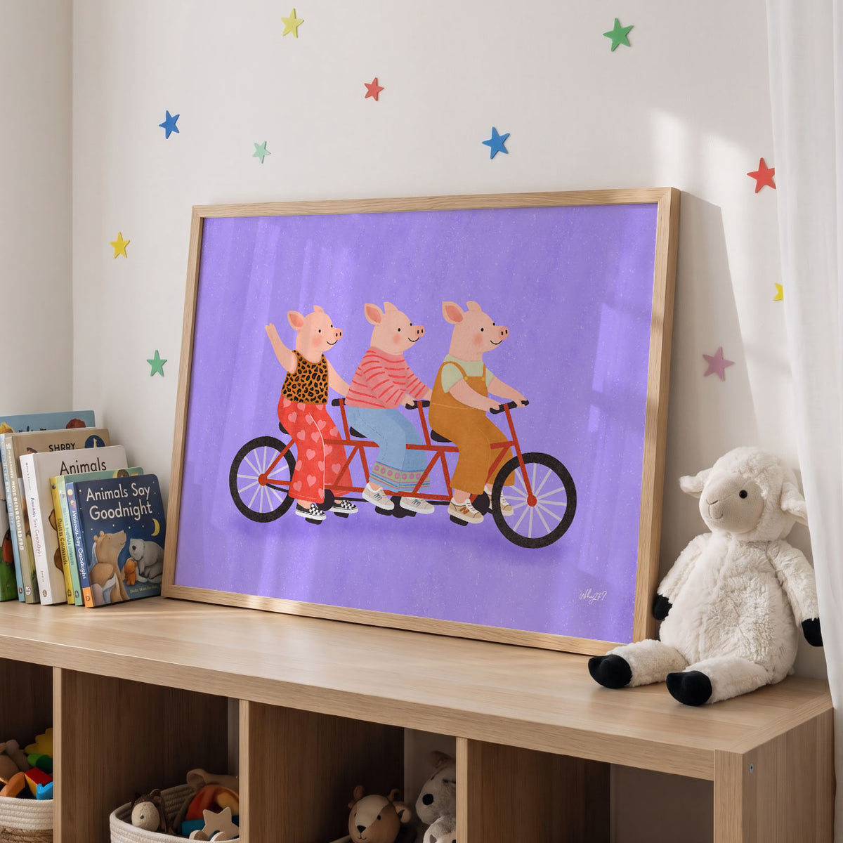 Landscape poster of three pigs riding a long red tandem bicycle on purple