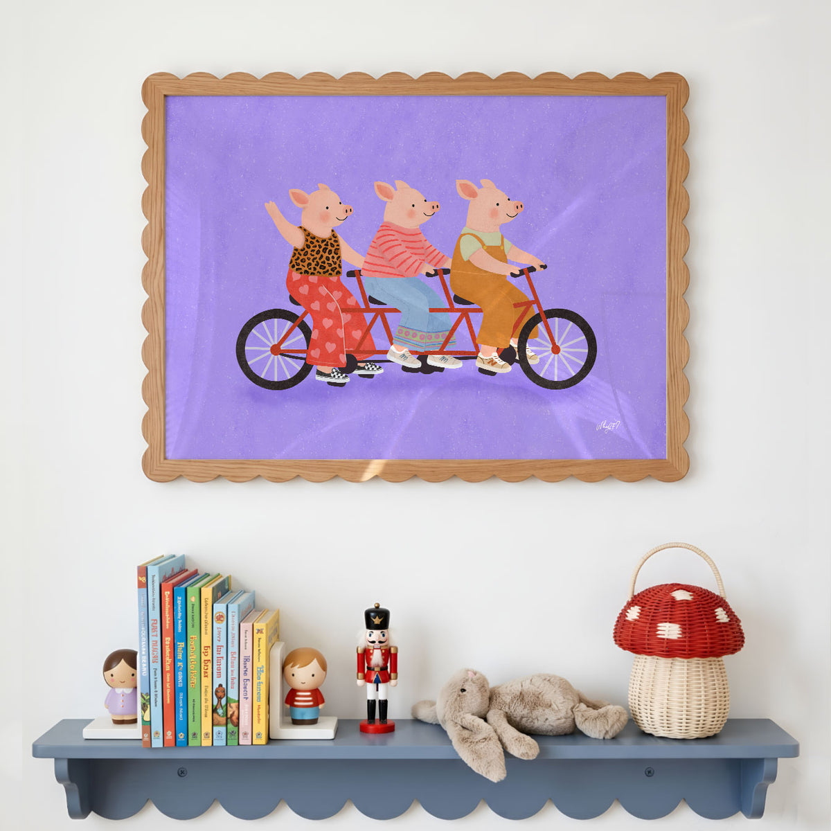 Landscape poster of three pigs riding a long red tandem bicycle on purple