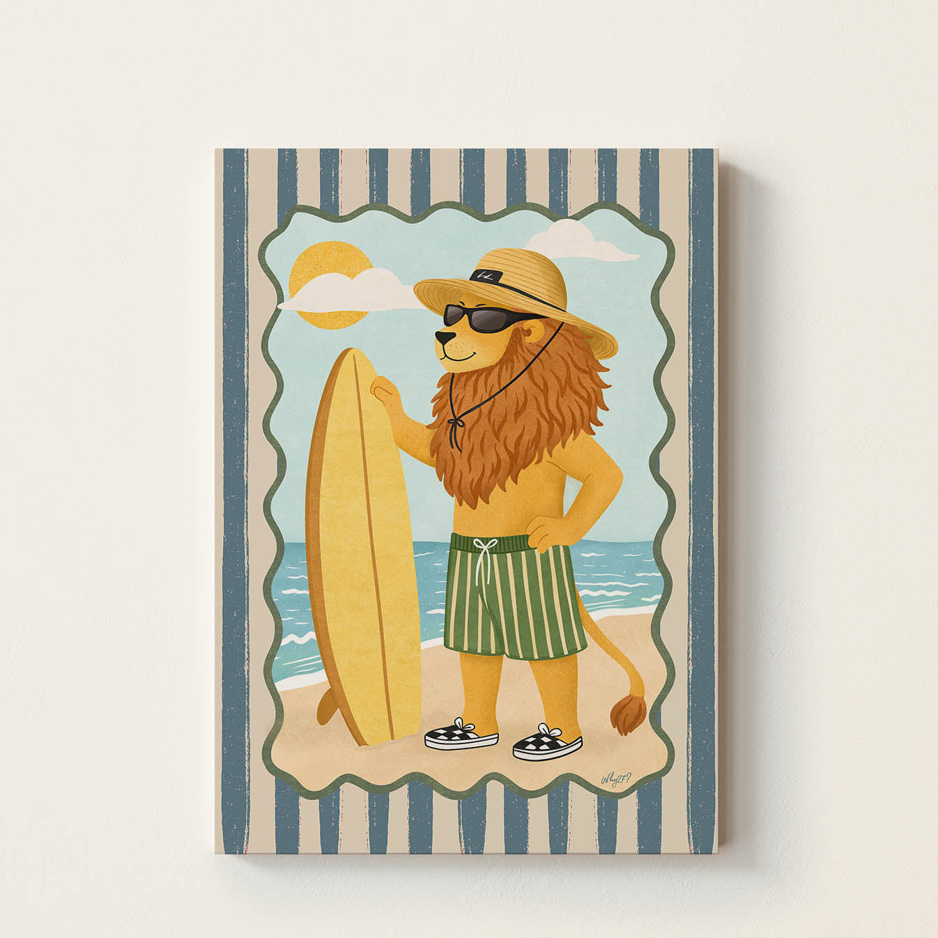 Hand-drawn lion wearing sunglasses and a straw hat while holding a surfboard on the beach, whimsical surf wall art for kids' bedrooms, nurseries, and playrooms.