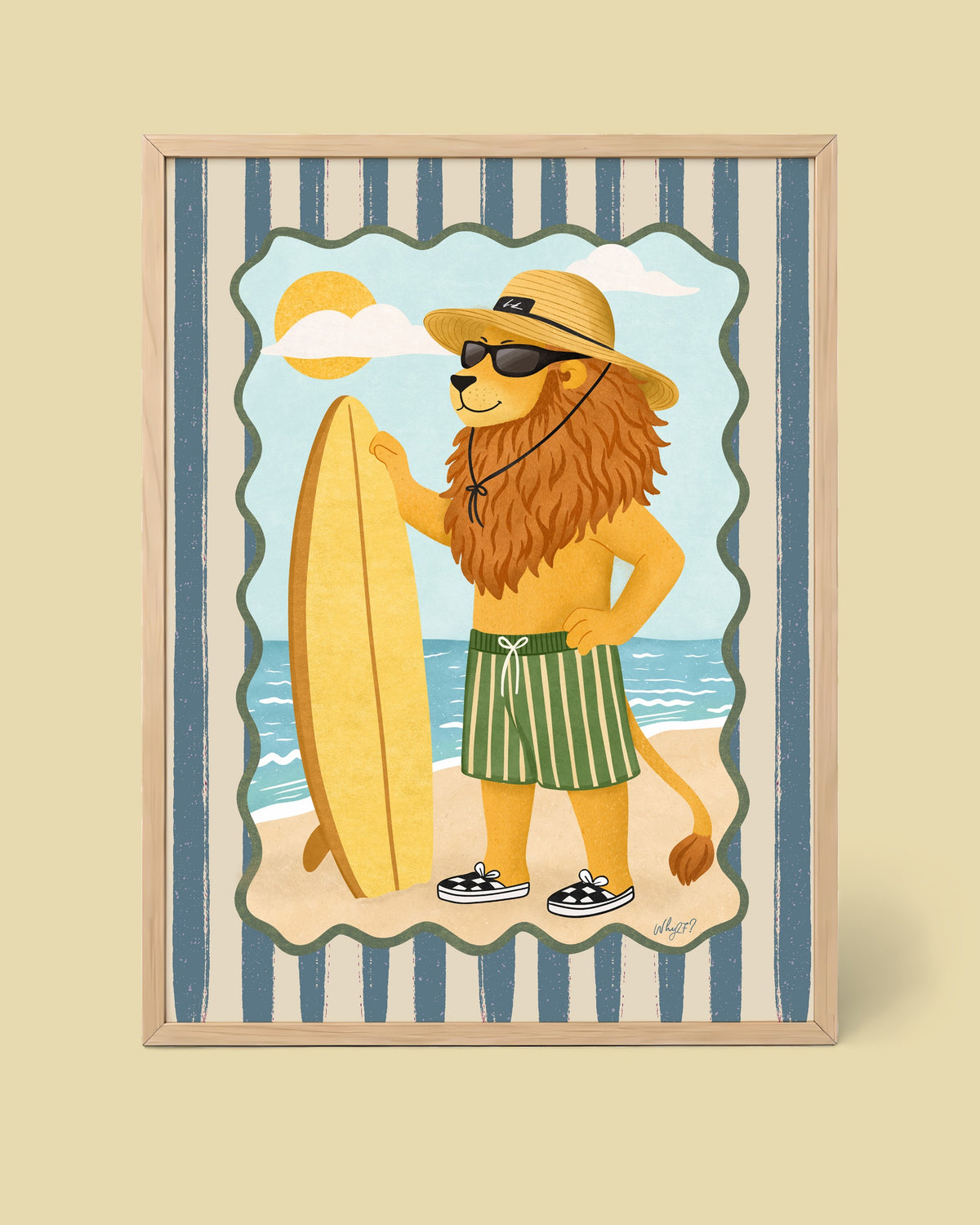 Lion Surf Poster framed in a natural wood frame
