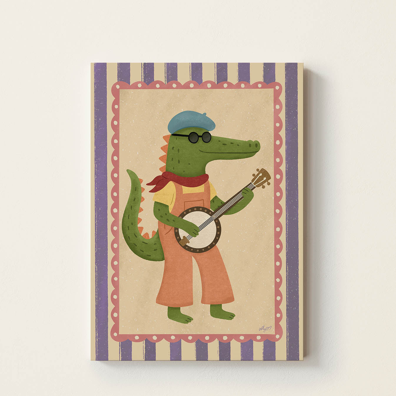 Hand-drawn vintage crocodile playing a banjo with decorative frame, children's music wall art for nursery, bedroom, and playroom decor
