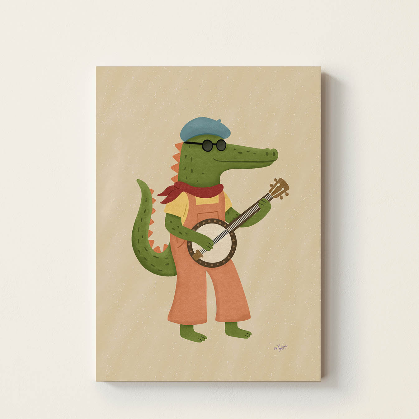 Hand-drawn crocodile playing a banjo wearing sunglasses and a beret, colorful kids wall art poster for nursery, bedroom, and music room decor