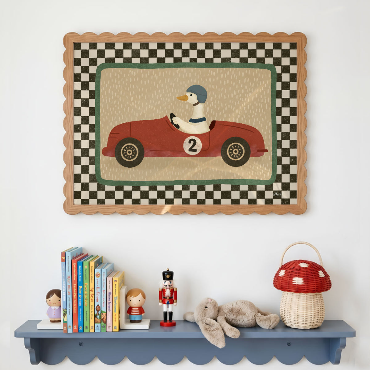 Landscape poster of a duck in a helmet driving a red vintage race car