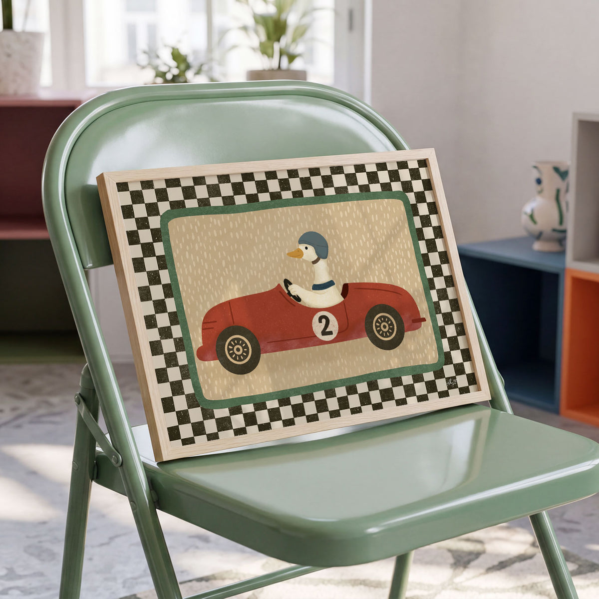 Landscape poster of a duck in a helmet driving a red vintage race car