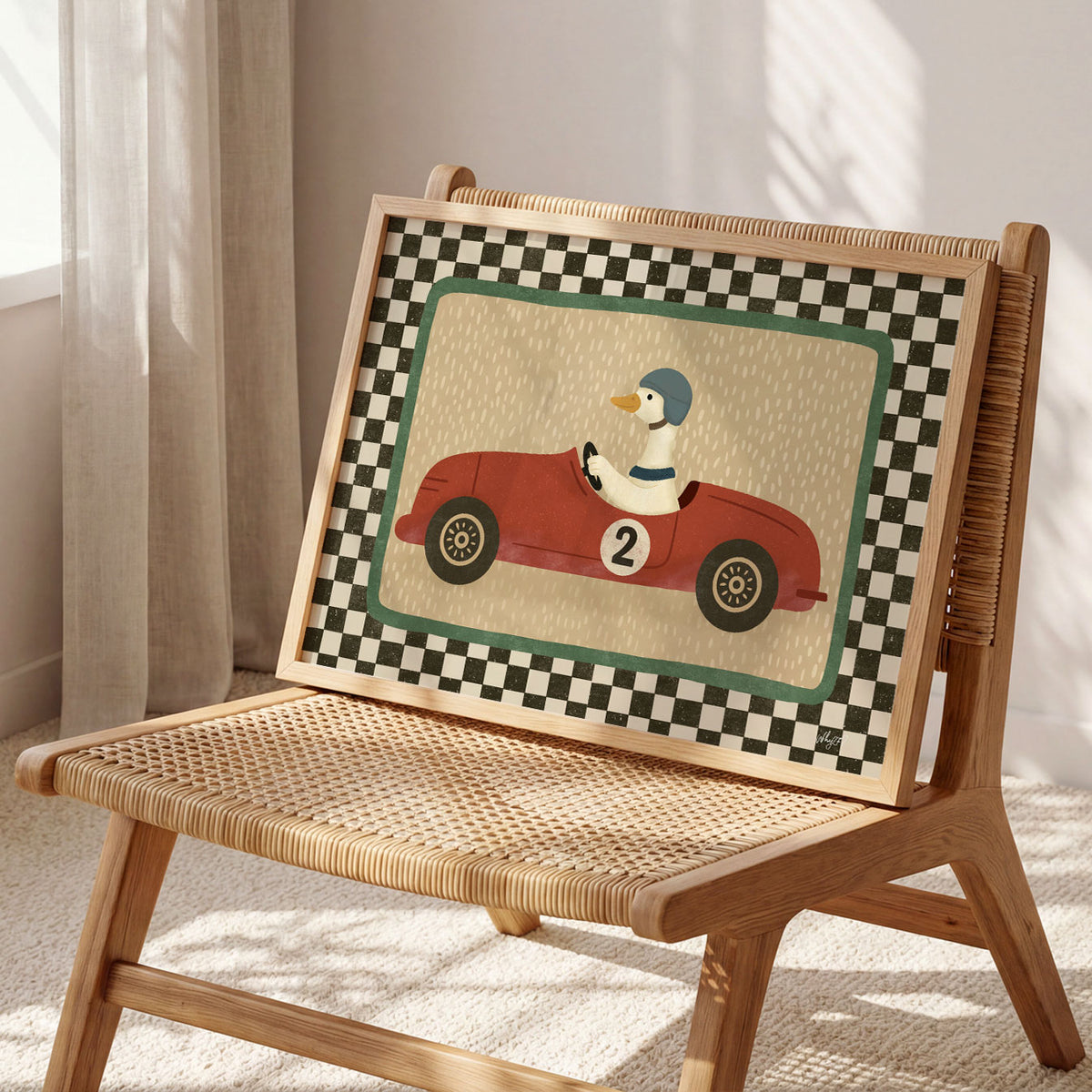Landscape poster of a duck in a helmet driving a red vintage race car