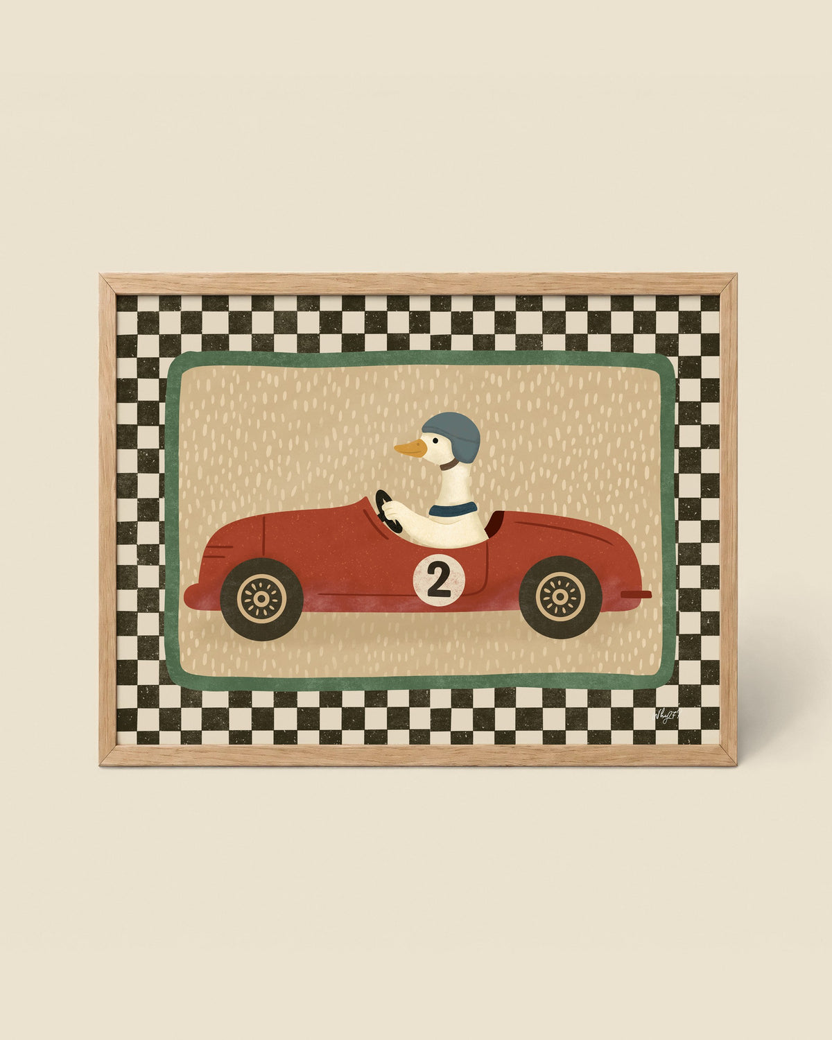 Vintage Race Car Duck Poster framed in a natural wood frame