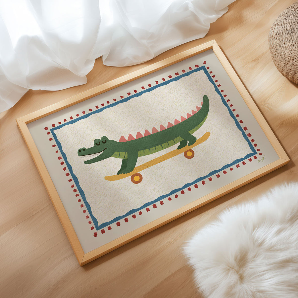Landscape poster of a long crocodile riding a skateboard inside a dotted frame