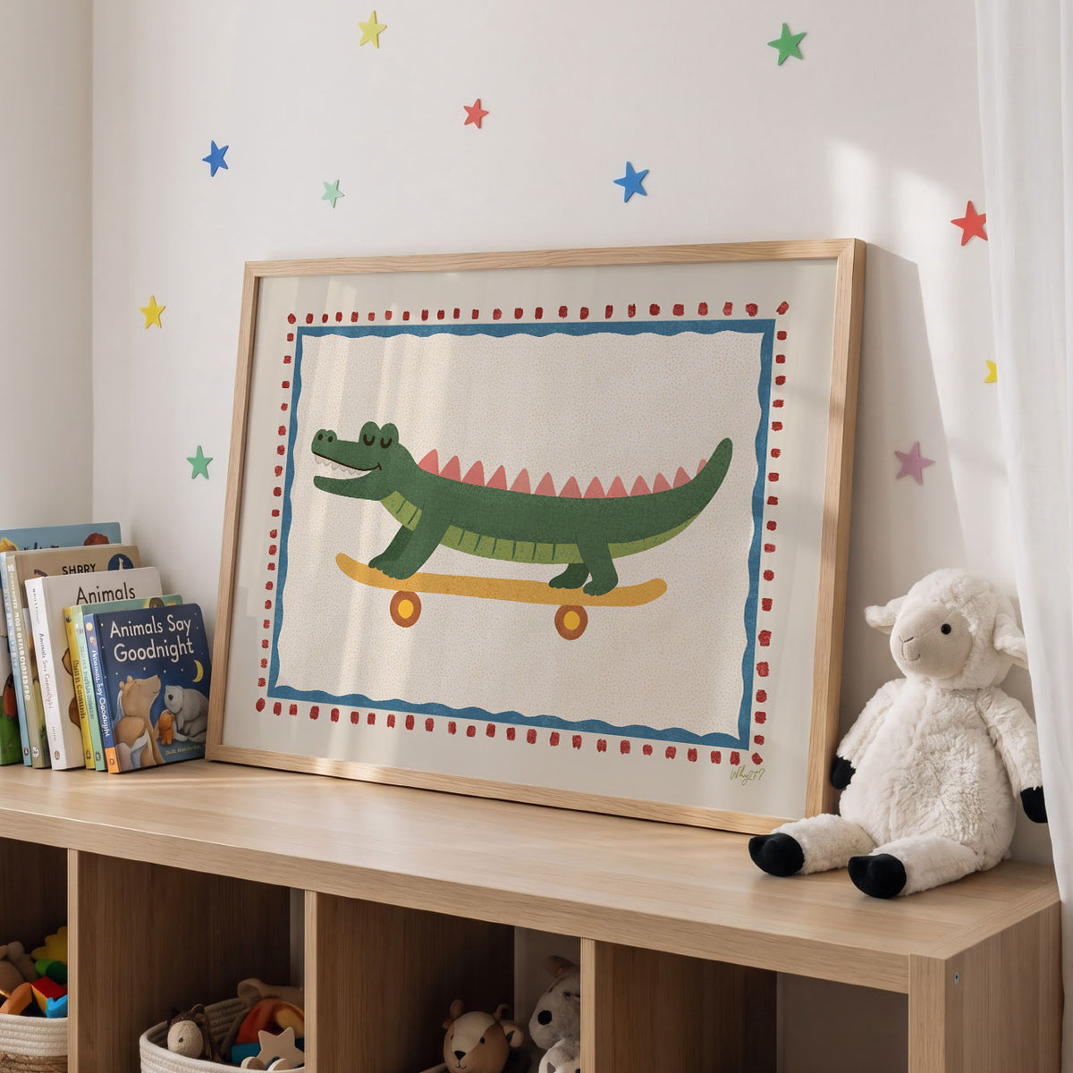 Landscape poster of a long crocodile riding a skateboard inside a dotted frame