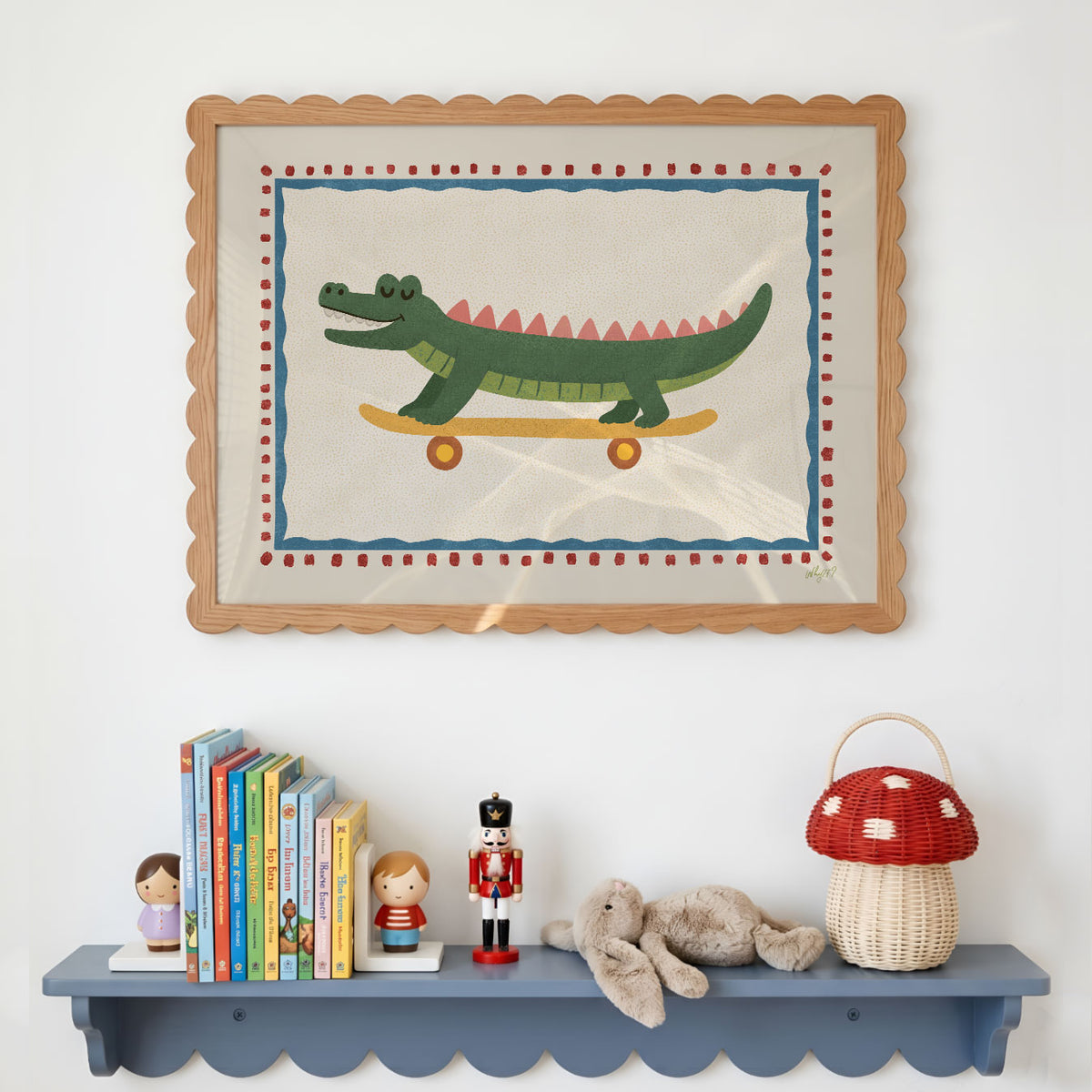 Landscape poster of a long crocodile riding a skateboard inside a dotted frame