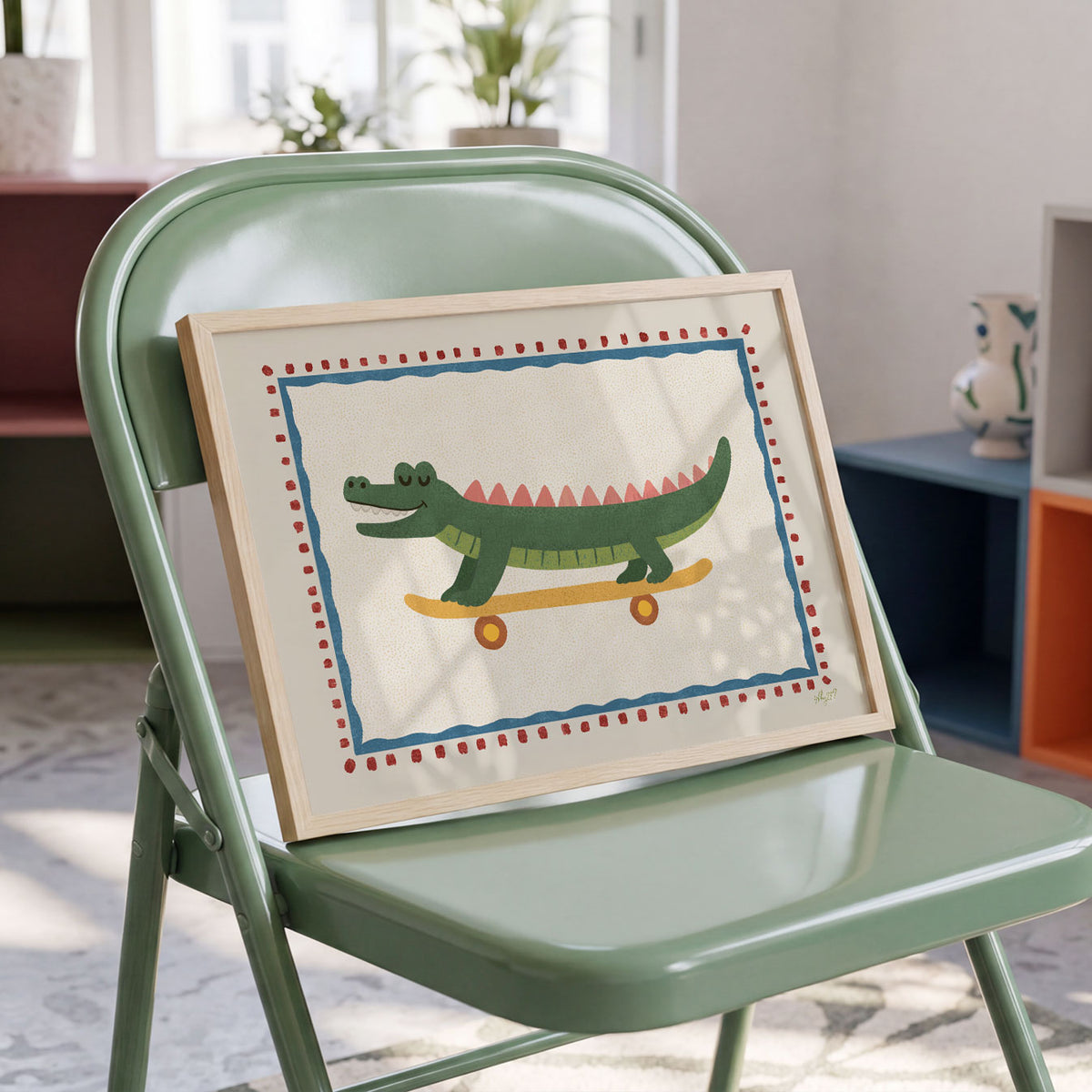 Landscape poster of a long crocodile riding a skateboard inside a dotted frame
