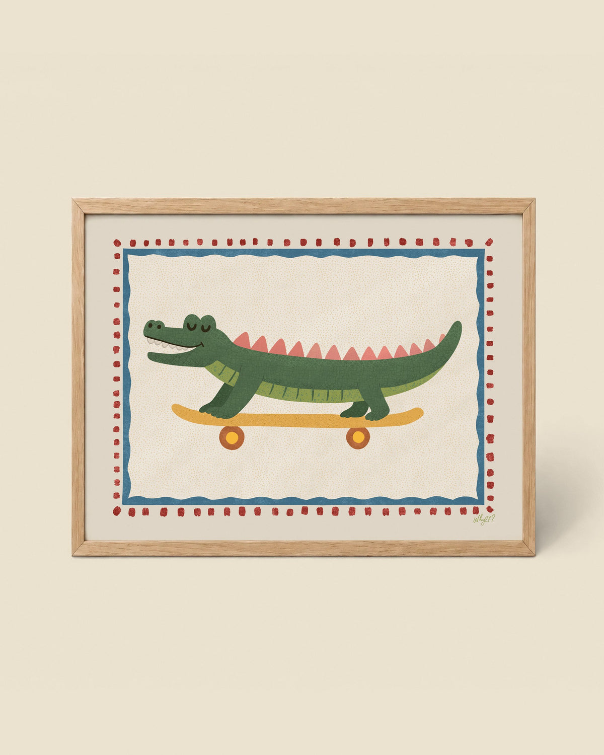 Skating Crocodile Framed Poster framed in a natural wood frame