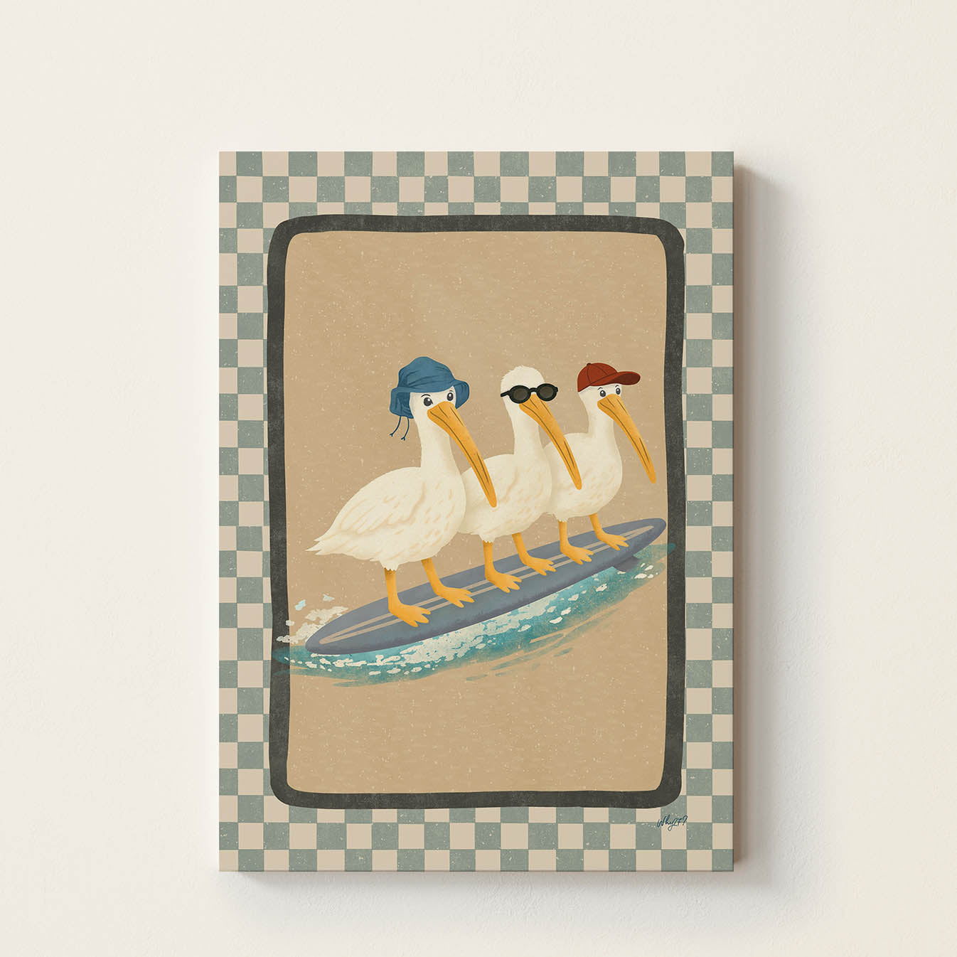 Hand-drawn illustration of three pelicans wearing hats and sunglasses riding a surfboard together on a wave, whimsical coastal wall art for nurseries, bedrooms, and playrooms.