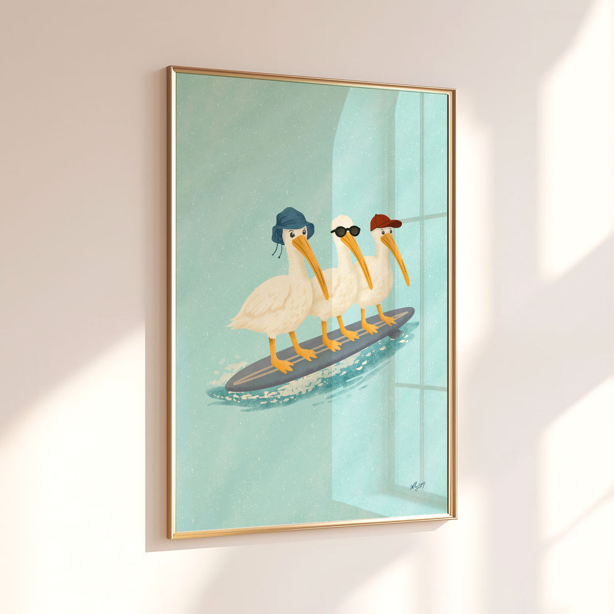 Pelicans On A Surfboard Poster