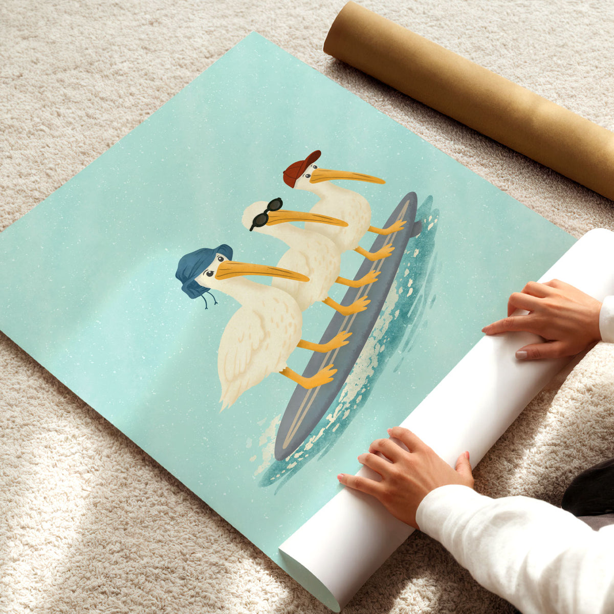 Pelicans On A Surfboard Poster