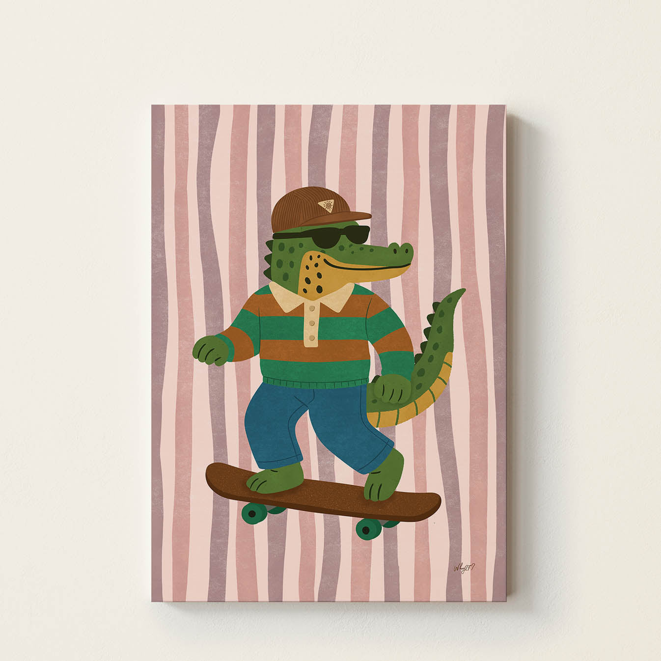 Hand-drawn crocodile wearing sunglasses and a cap riding a skateboard on a pink striped background, playful kids wall art poster for nursery and bedroom decor