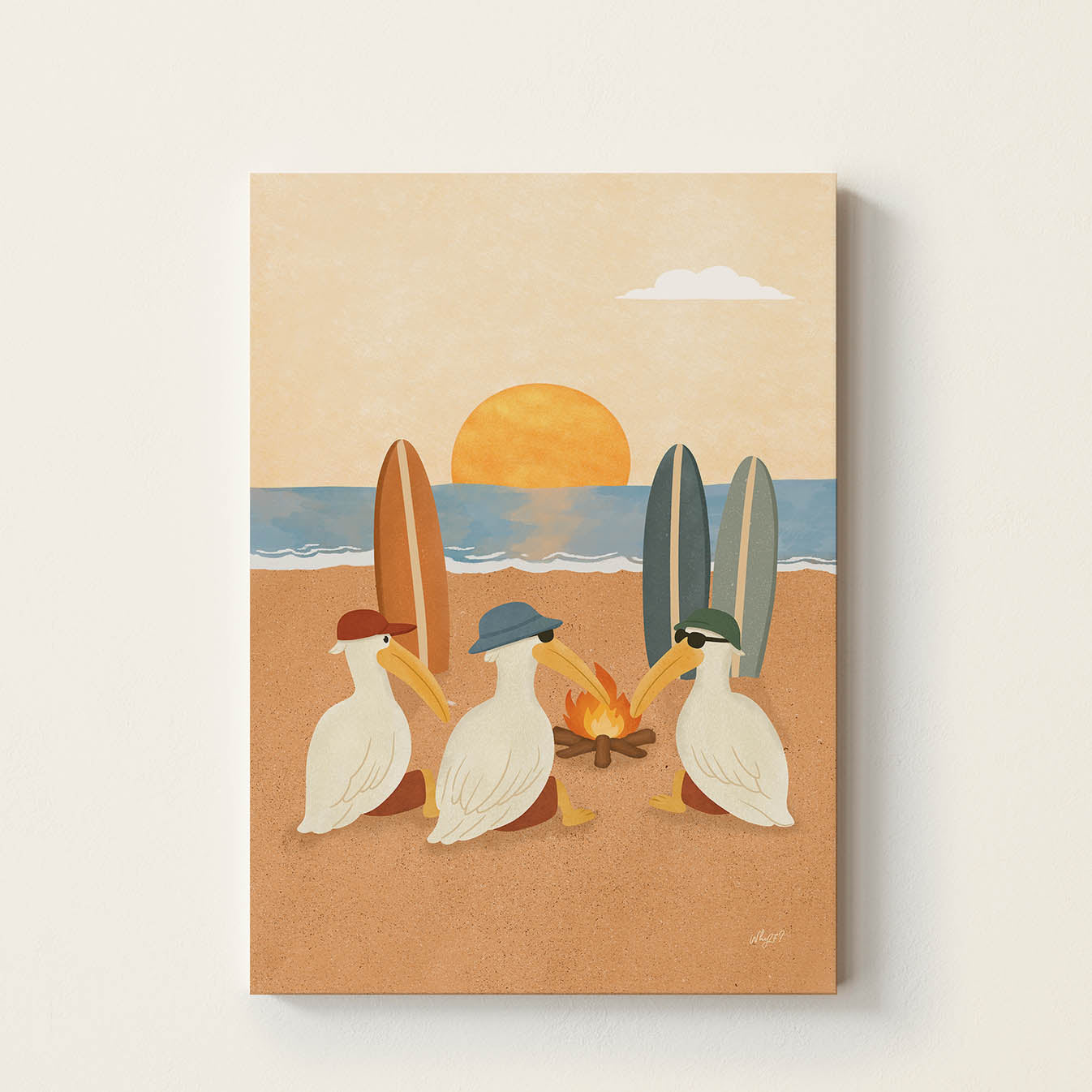 Hand-drawn illustration of three pelicans sitting around a beach campfire at sunset with surfboards beside the ocean, whimsical coastal wall art for nurseries, bedrooms, and playrooms.
