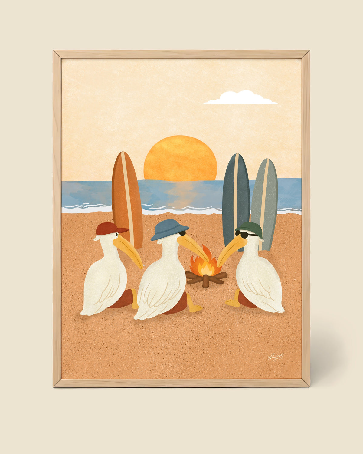 Surf Sunset Pelican Poster framed in a natural wood frame