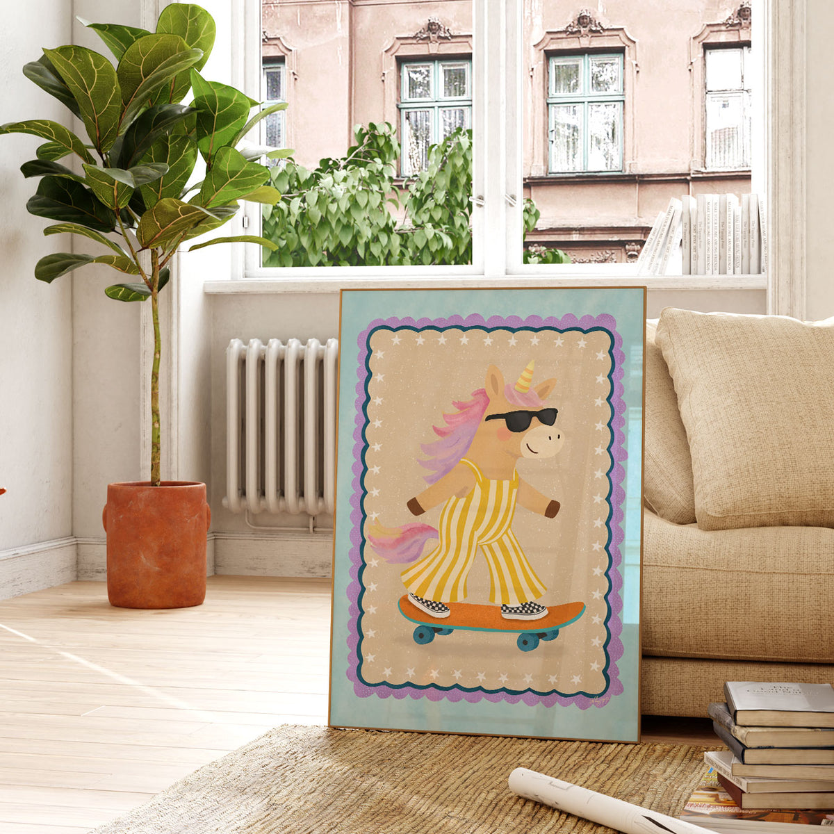 Skater unicorn kids wall art with pink mane, sunglasses, striped dress and checkerboard sneakers.