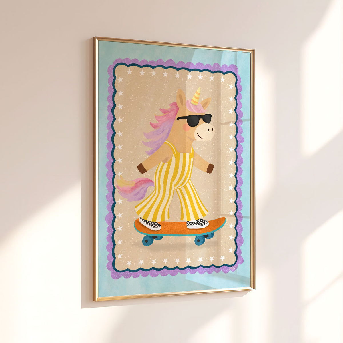 Playful unicorn riding a skateboard surrounded by stars and a colourful scalloped decorative border.