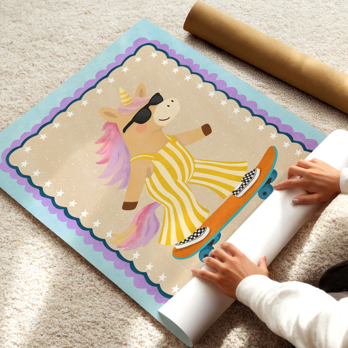 Colourful unicorn skateboard poster in yellow, pink, aqua and purple for a kids bedroom or playroom.