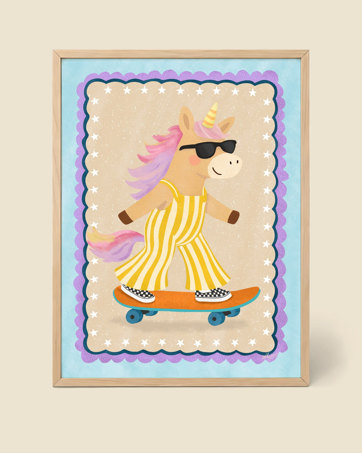 Skater Unicorn Poster framed in a natural wood frame