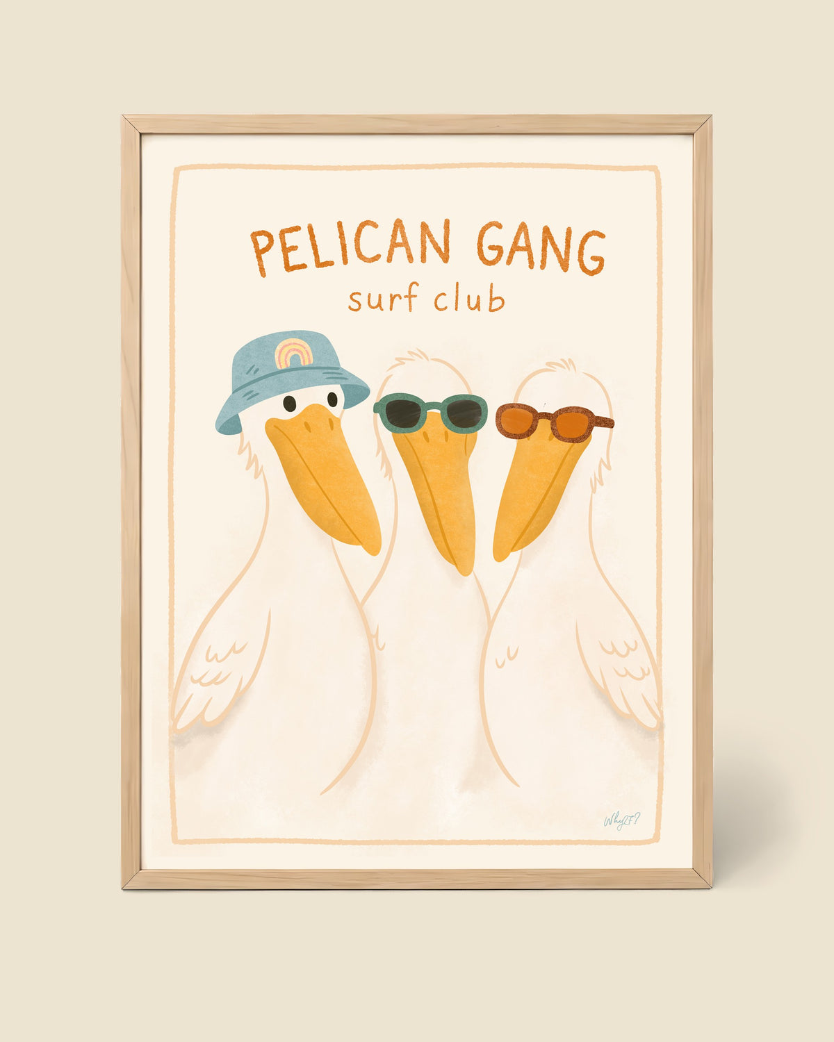 Pelican Surf Club Poster framed in a natural wood frame