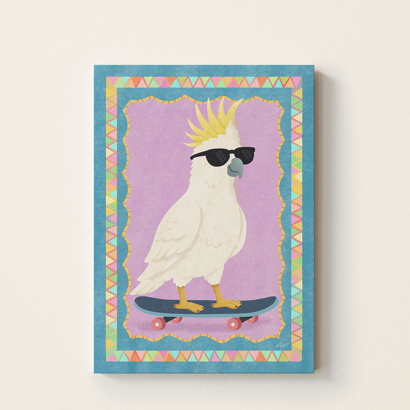 Hand-drawn cockatoo wearing sunglasses on a skateboard colorful kids wall art poster for bedroom and playroom decor