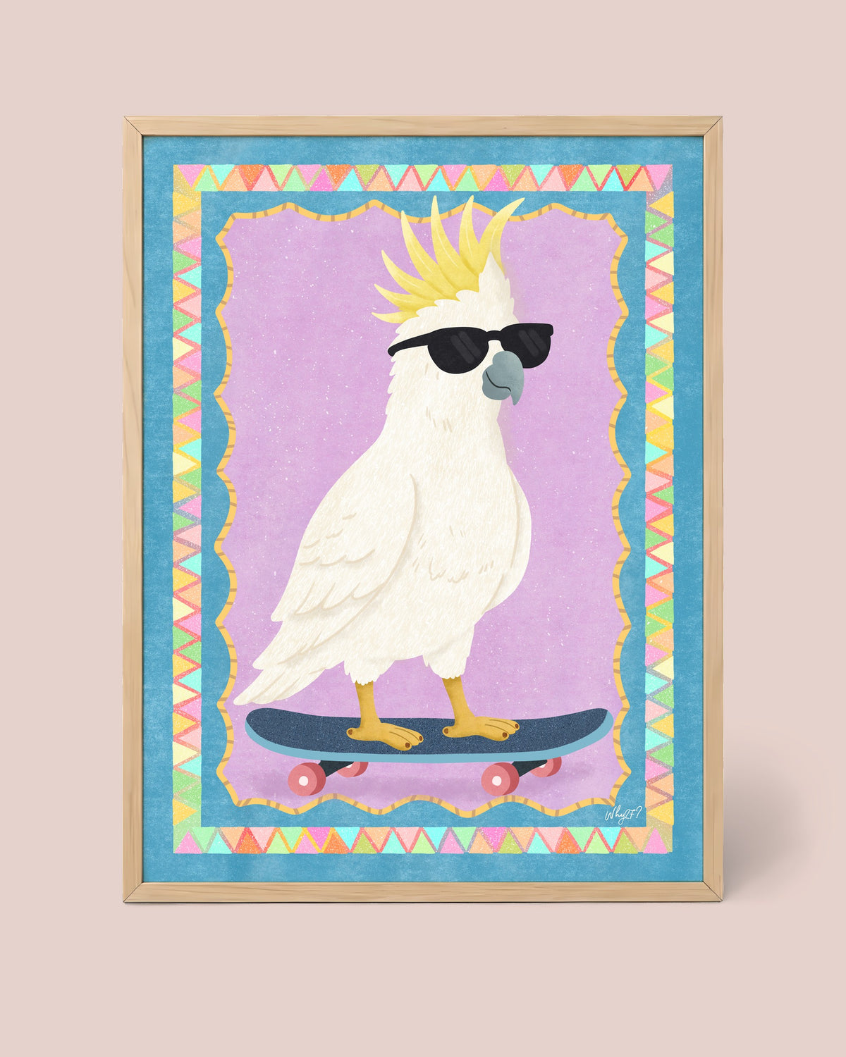 Cool Cockatoo Skateboard Poster framed in a natural wood frame
