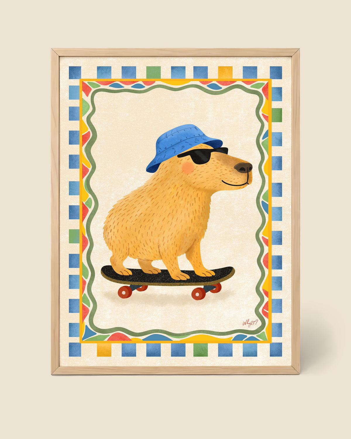 Capybara Skateboarding Poster framed in a natural wood frame