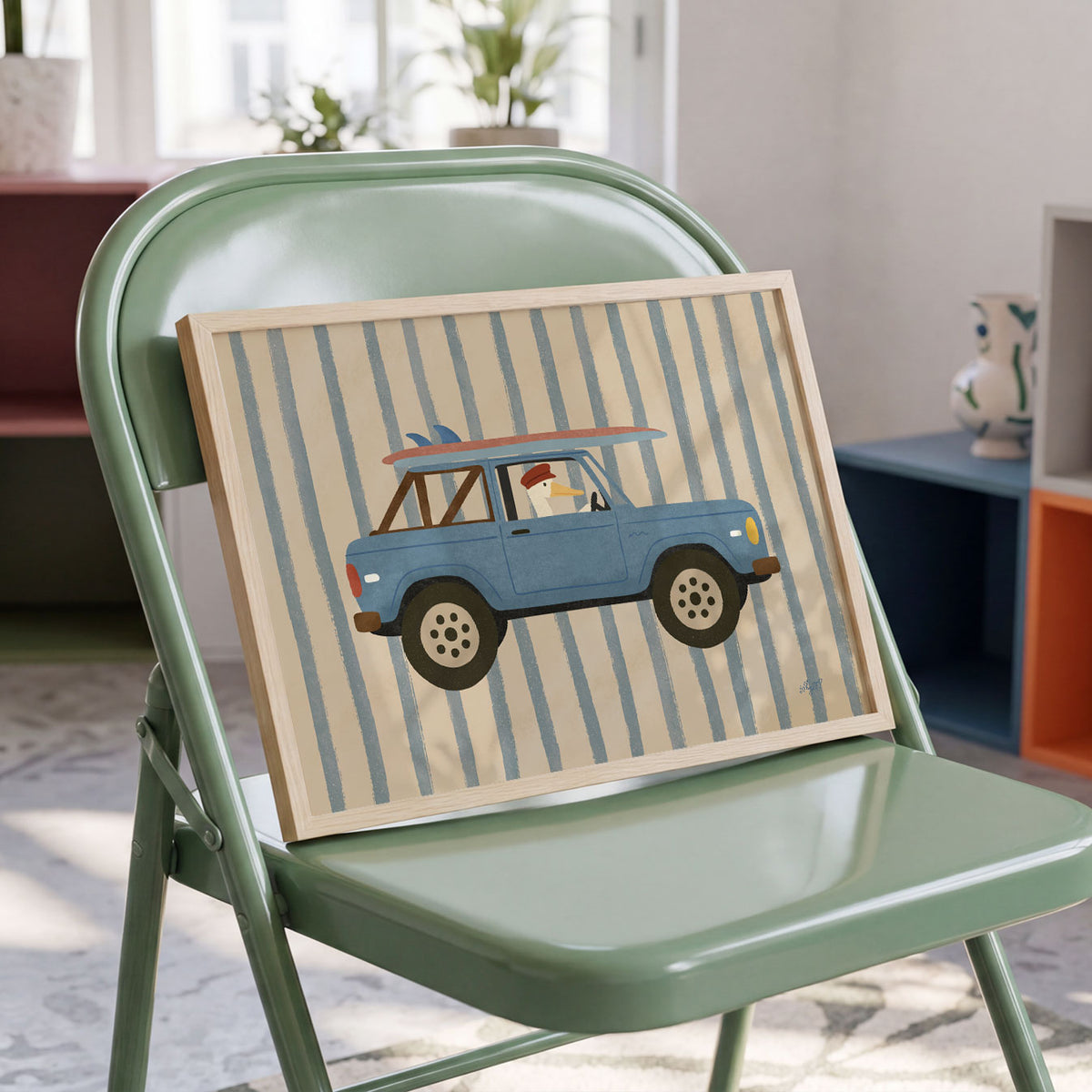Landscape poster of a pelican driving a blue vintage truck with surfboards on the roof