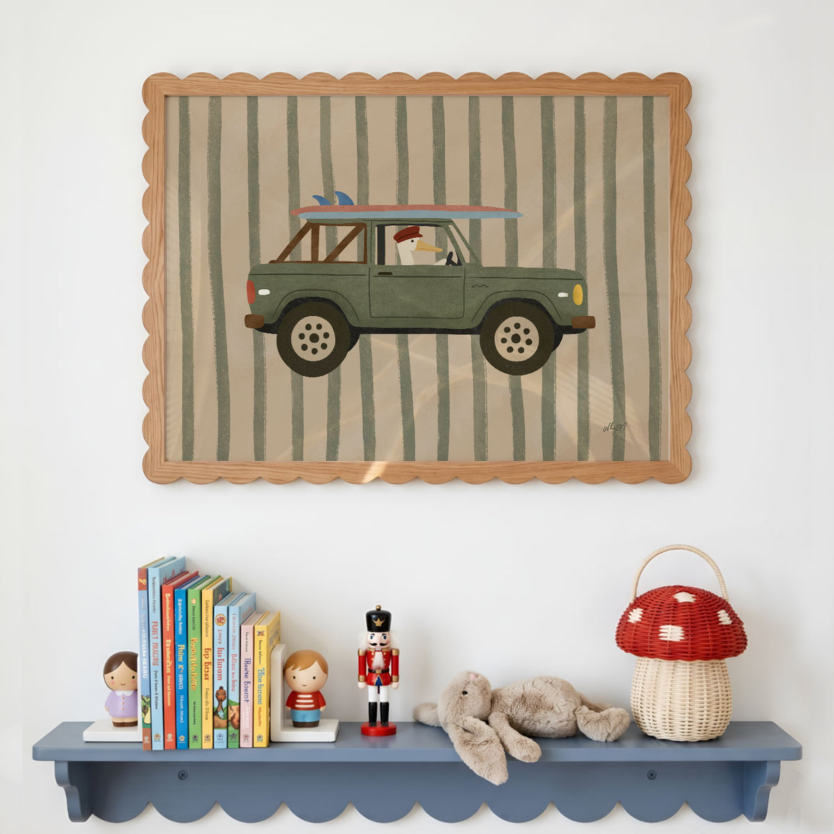 Landscape poster of a pelican driving an olive green truck with surfboards on the roof