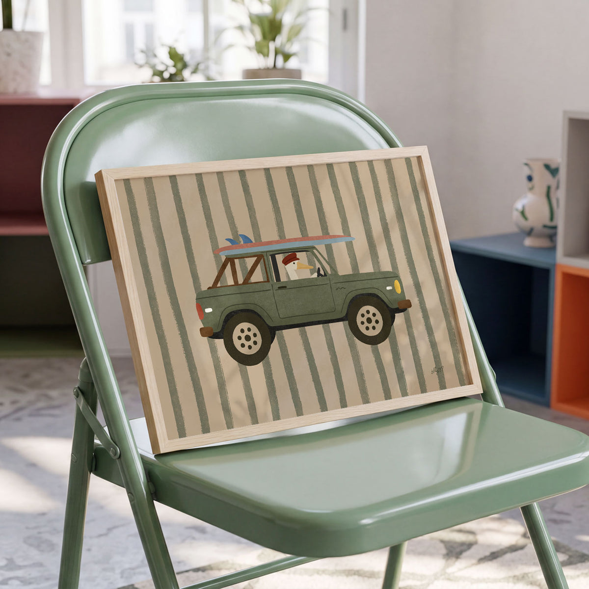Landscape poster of a pelican driving an olive green truck with surfboards on the roof