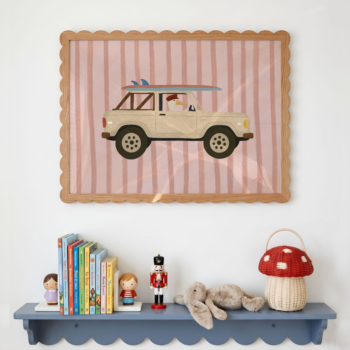 Landscape poster of a pelican driving a cream truck with surfboards on pink stripes