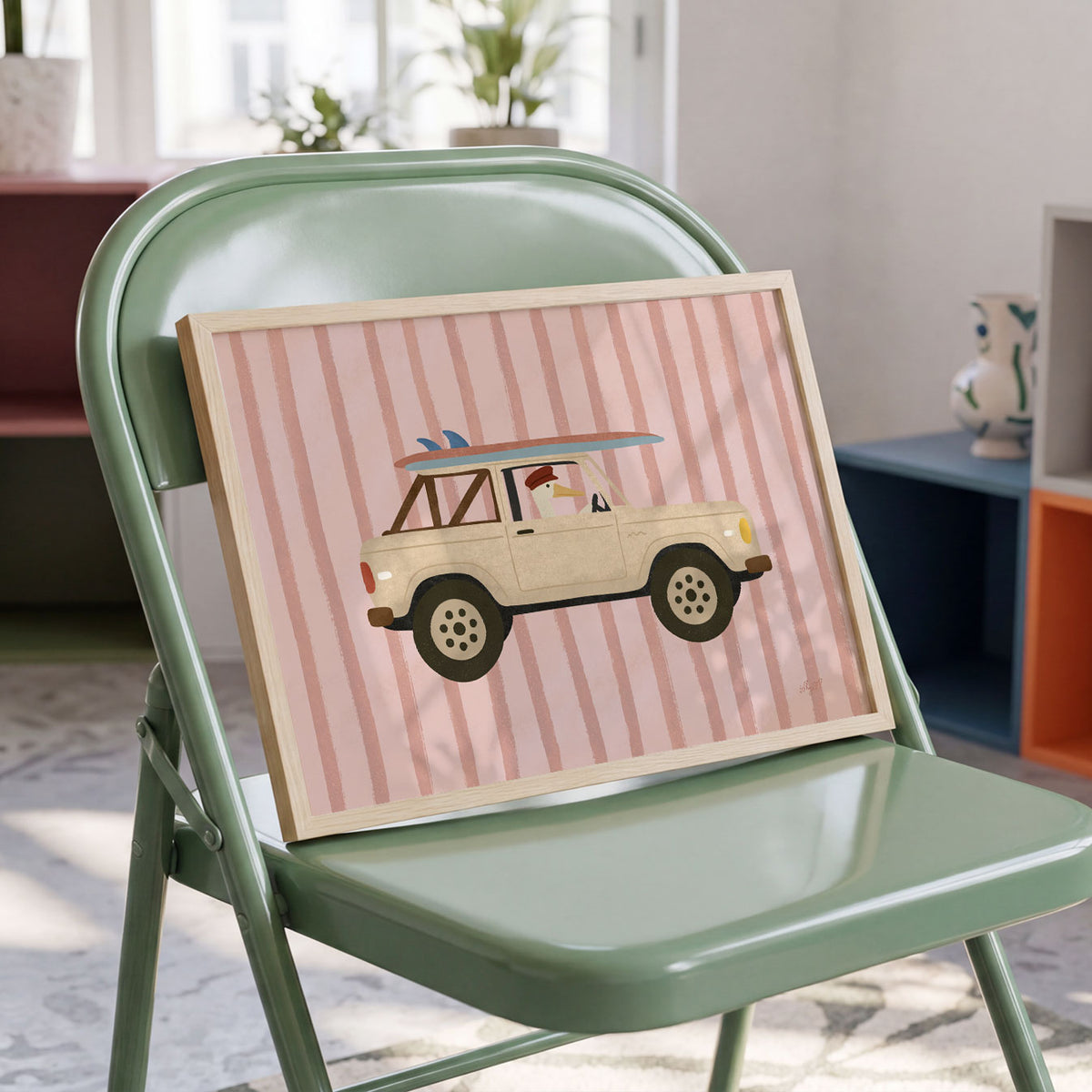 Landscape poster of a pelican driving a cream truck with surfboards on pink stripes