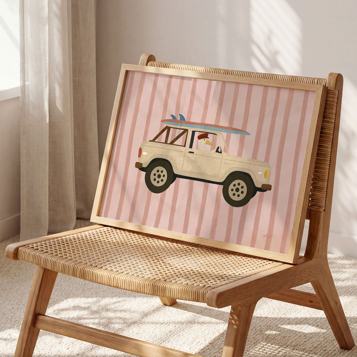 Landscape poster of a pelican driving a cream truck with surfboards on pink stripes