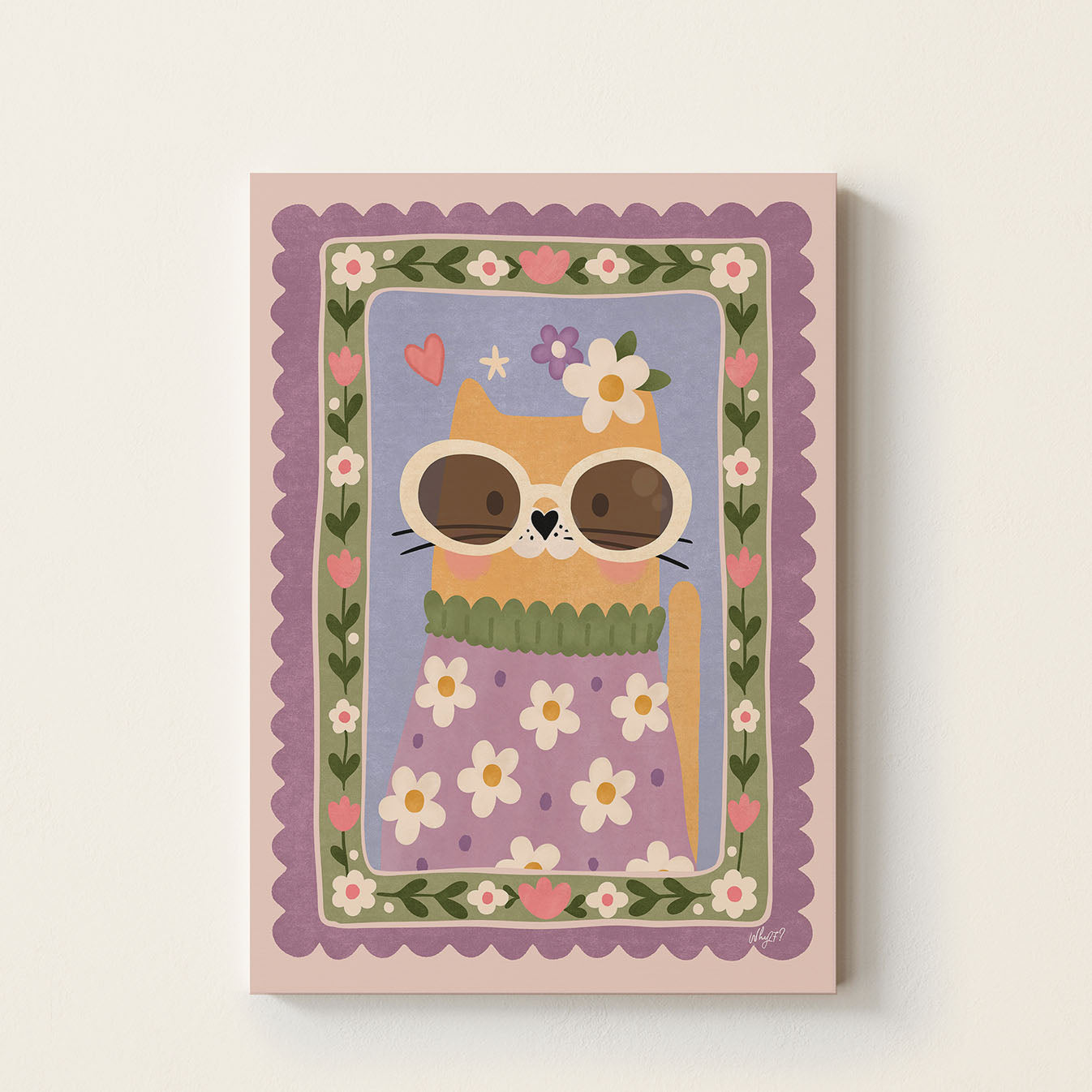 Hand-drawn cat wearing oversized sunglasses and a floral outfit surrounded by flowers and hearts, whimsical kids wall art poster for nursery, bedroom, and playroom decor.