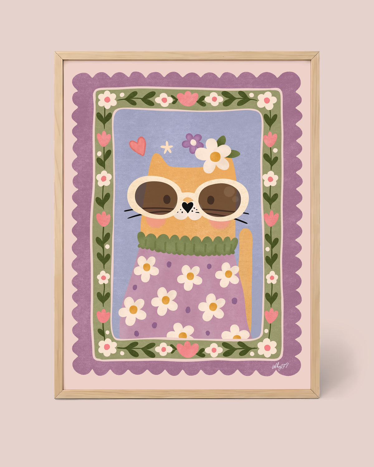 Flower Cat Poster framed in a natural wood frame