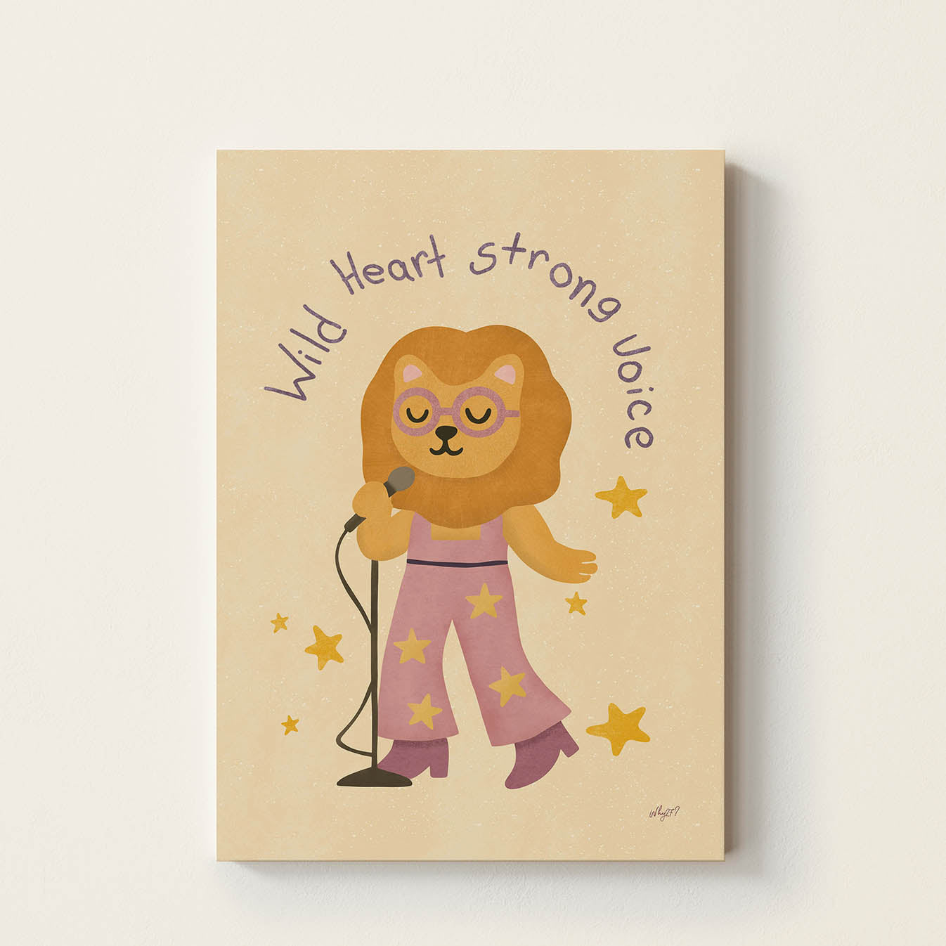 Hand-drawn lion holding a microphone with a warm retro-inspired style, inspirational kids wall art celebrating confidence, creativity, and self-expression for nurseries, bedrooms, playrooms, and music rooms.