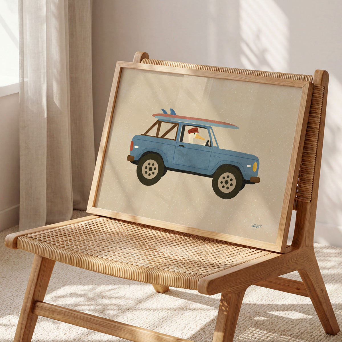 Landscape poster of a pelican driving a blue vintage truck with surfboards on sand